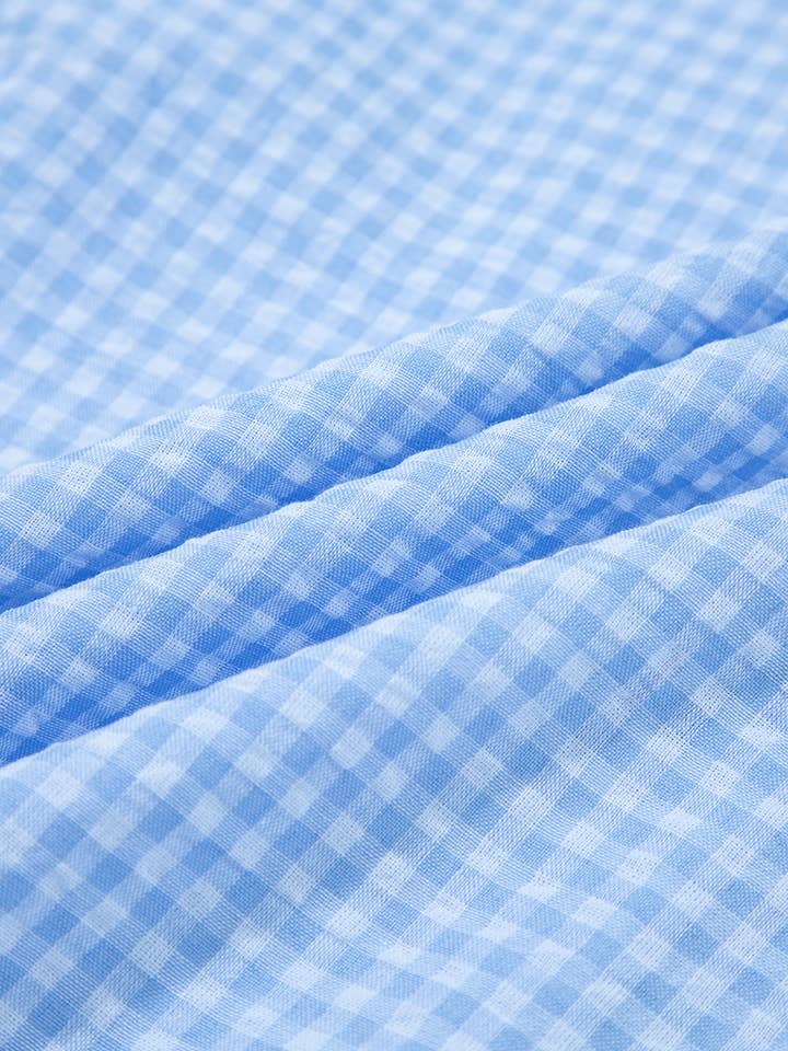 Blue Gingham Short Puff Sleeve Button Up Shirt for wholesale on Faire7