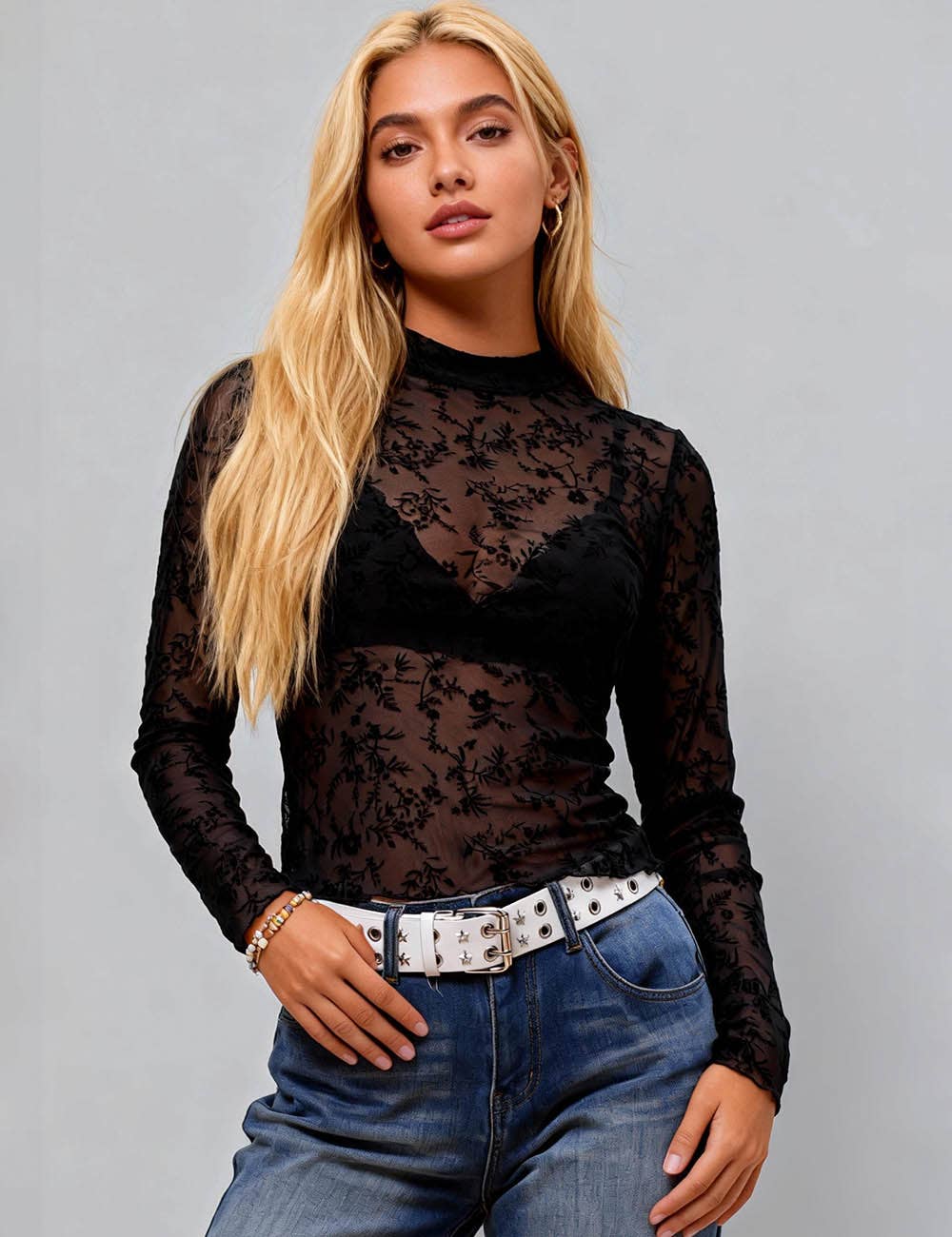Black Ladies Floral Mesh See Sheer Layring Top SKT4948 for wholesale on Faire3