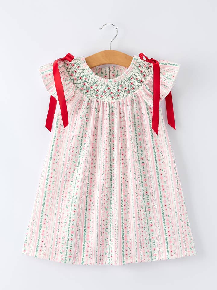 Pink Spring Floral Smocked Girl Dress for wholesale by Rylee Faith Designs