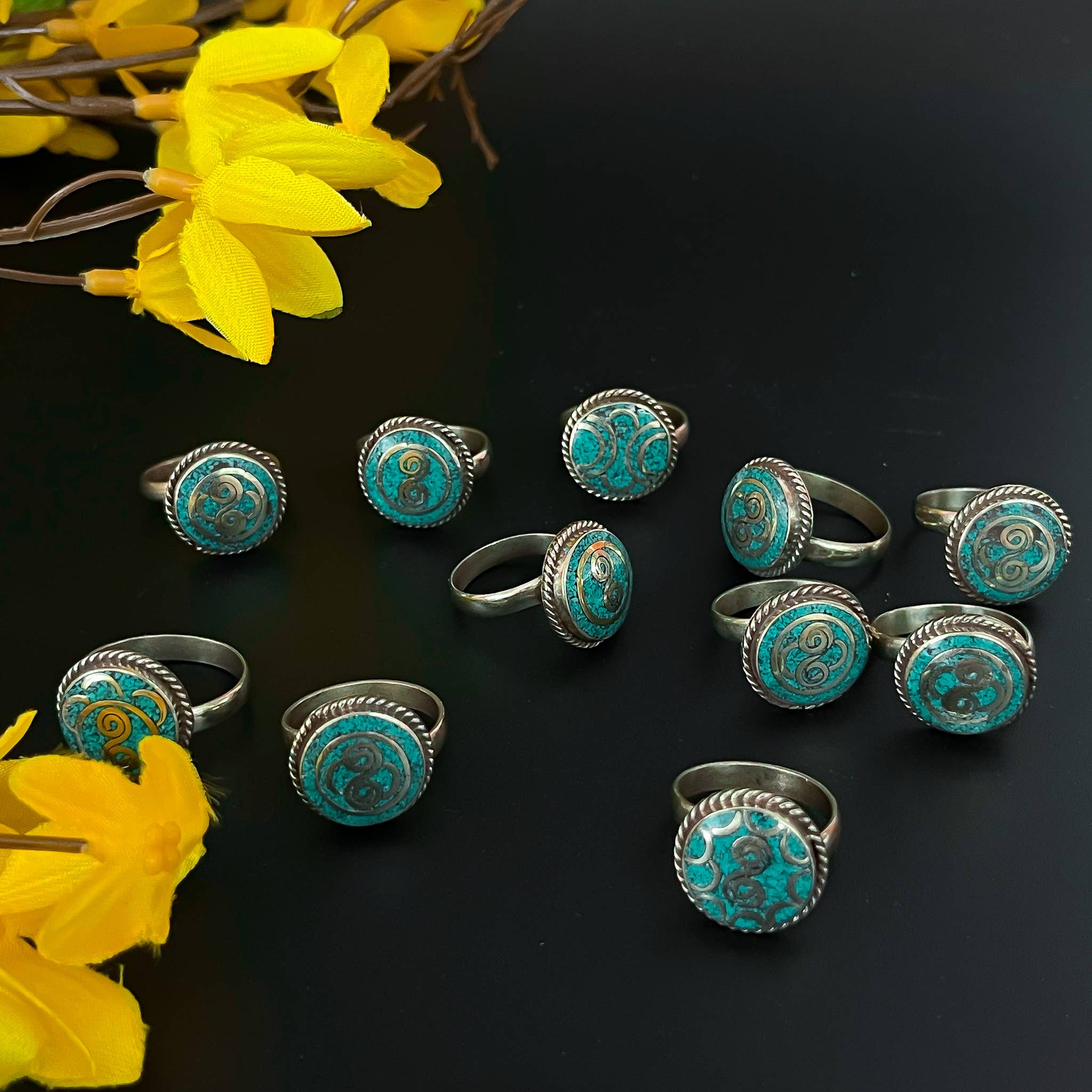 Karma Nepal Crafts - Wholesale Cocktail/Statement Ring - Round Gemstone Turquoise Coral Boho Rings1