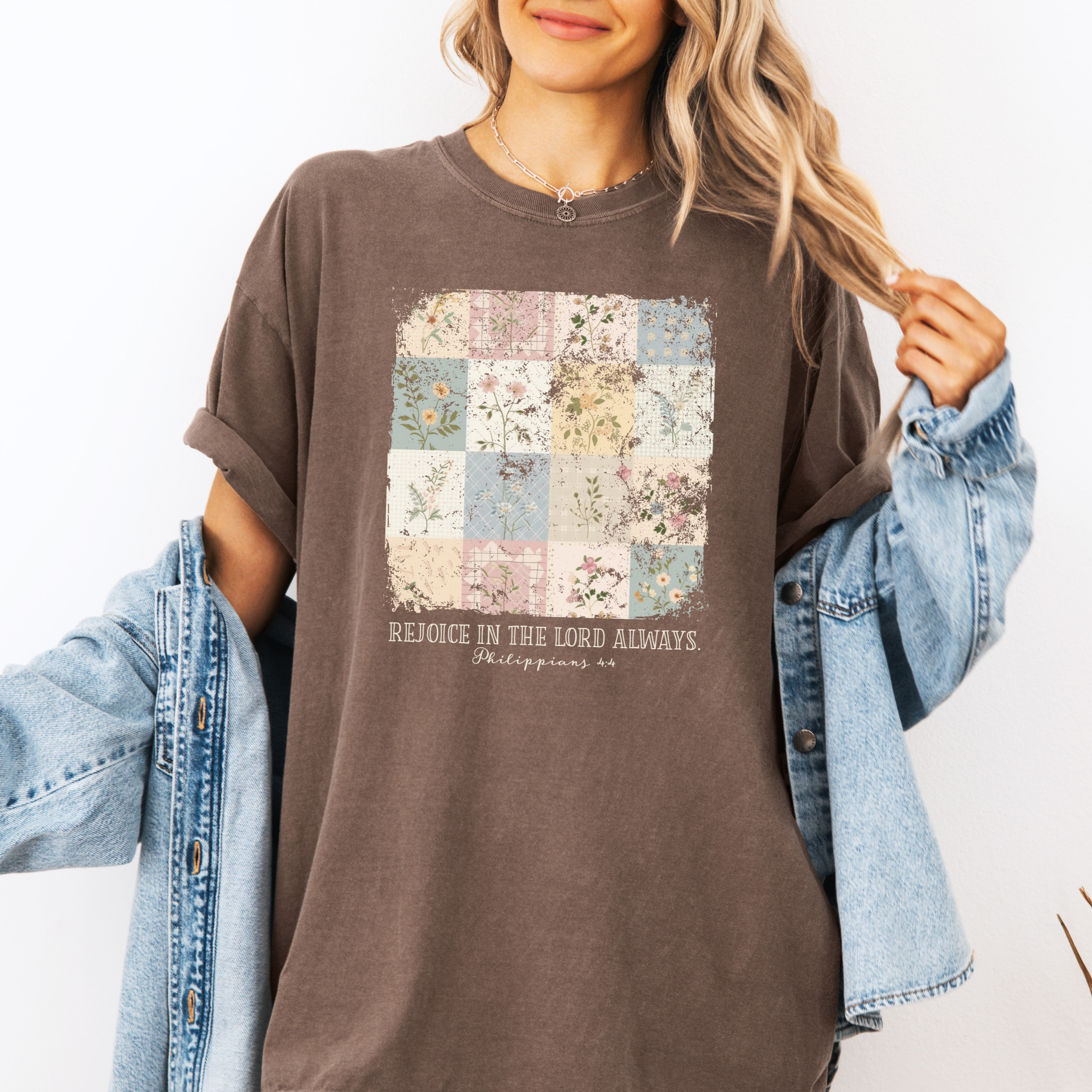 Scripted Pearl - Wholesale Screen Printed T-Shirt - Women's - Rejoice In The Lord Always Vintage Floral Comfort Colors Tee7