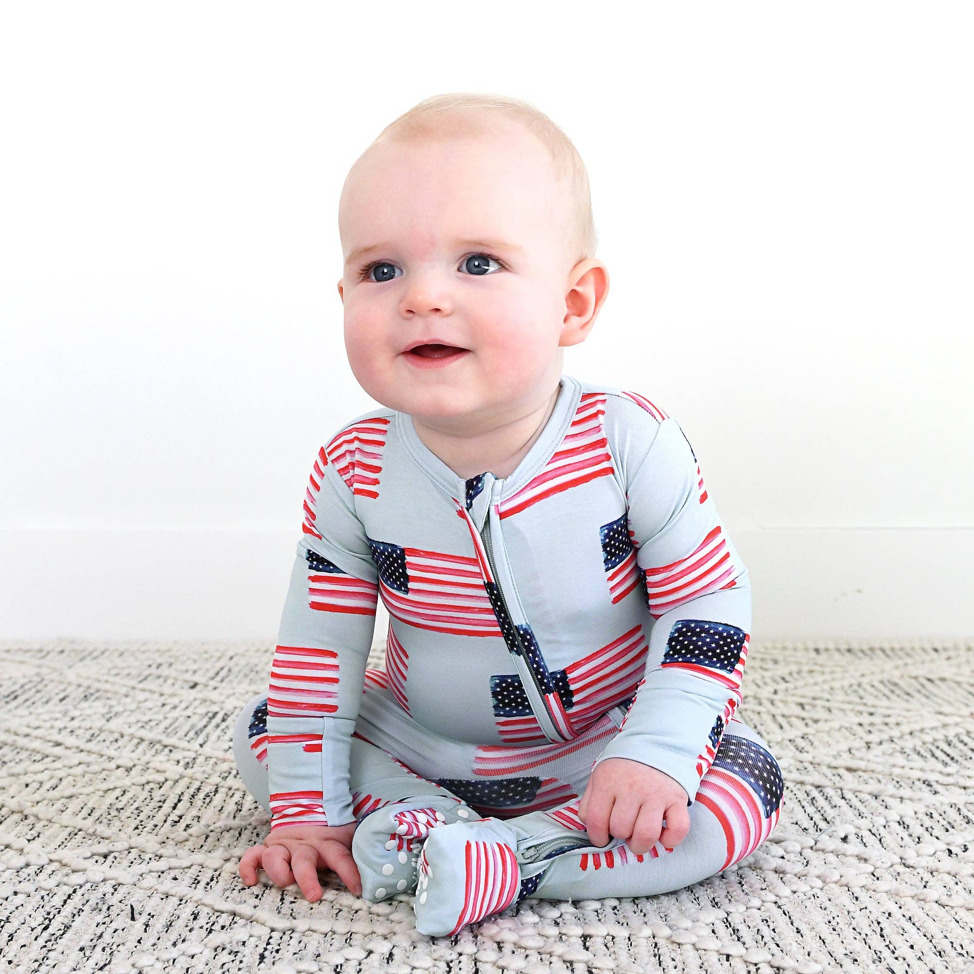 Gigi and Max - Wholesale Jumpsuit - Baby - George Blue Flag Zip Bamboo Flag 4th of July 6