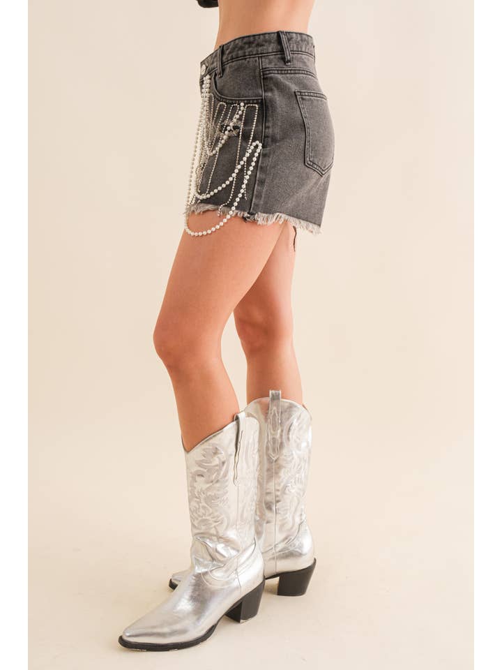 Blue B - Wholesale Shorts - Women's - 80014P - High Waist Rhinestone & Jewel Fringe Detail Shorts