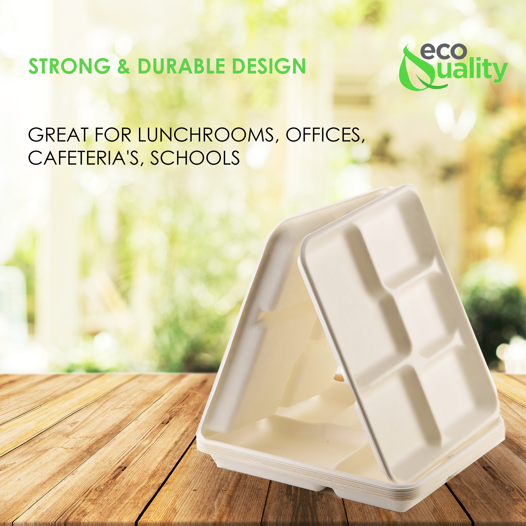 EcoQuality - Vente Assiette jetable - Plateau jetable compostable en fibre de pulpe de canne à sucre à 5 compartiments (25,4 x 21,1 x 2,3 cm)4