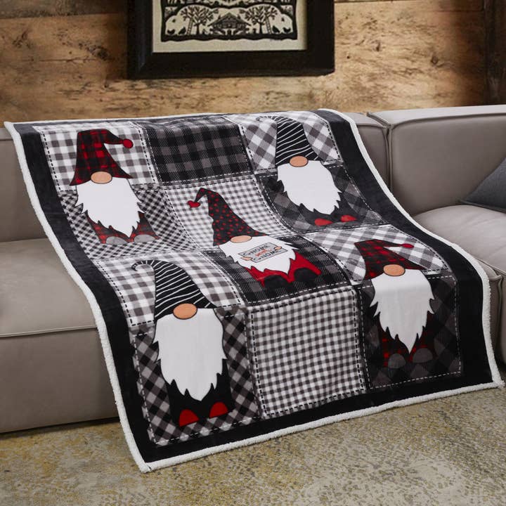 "Gnome Sweet Gnome" Flannel Sherpa Throw Blanket 50"x60" for wholesale by Duke Imports