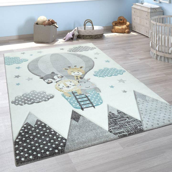 Kids Rug Hot Air Balloon Animals Clouds in Pastel Cream for wholesale by Paco Home