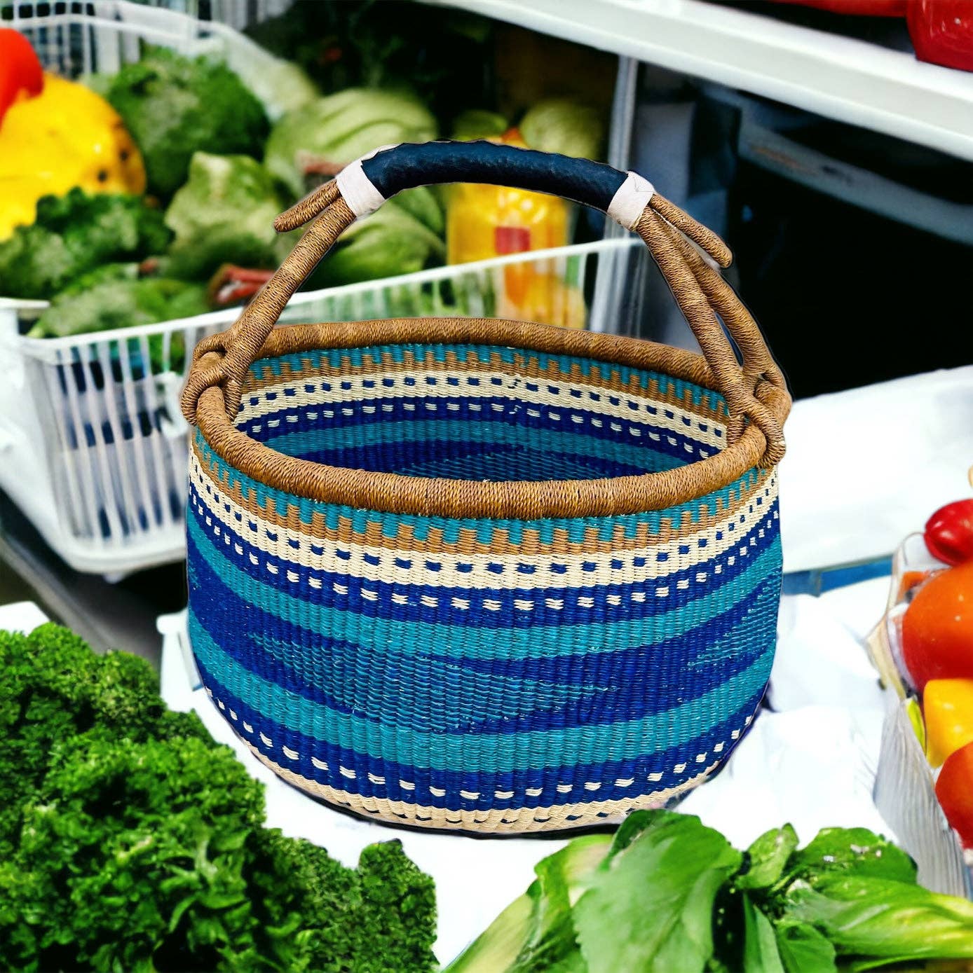 The African Home Goods - Wholesale Beach Bag - African Basket | Bolga Ghana Basket - Blue & Turquoise5
