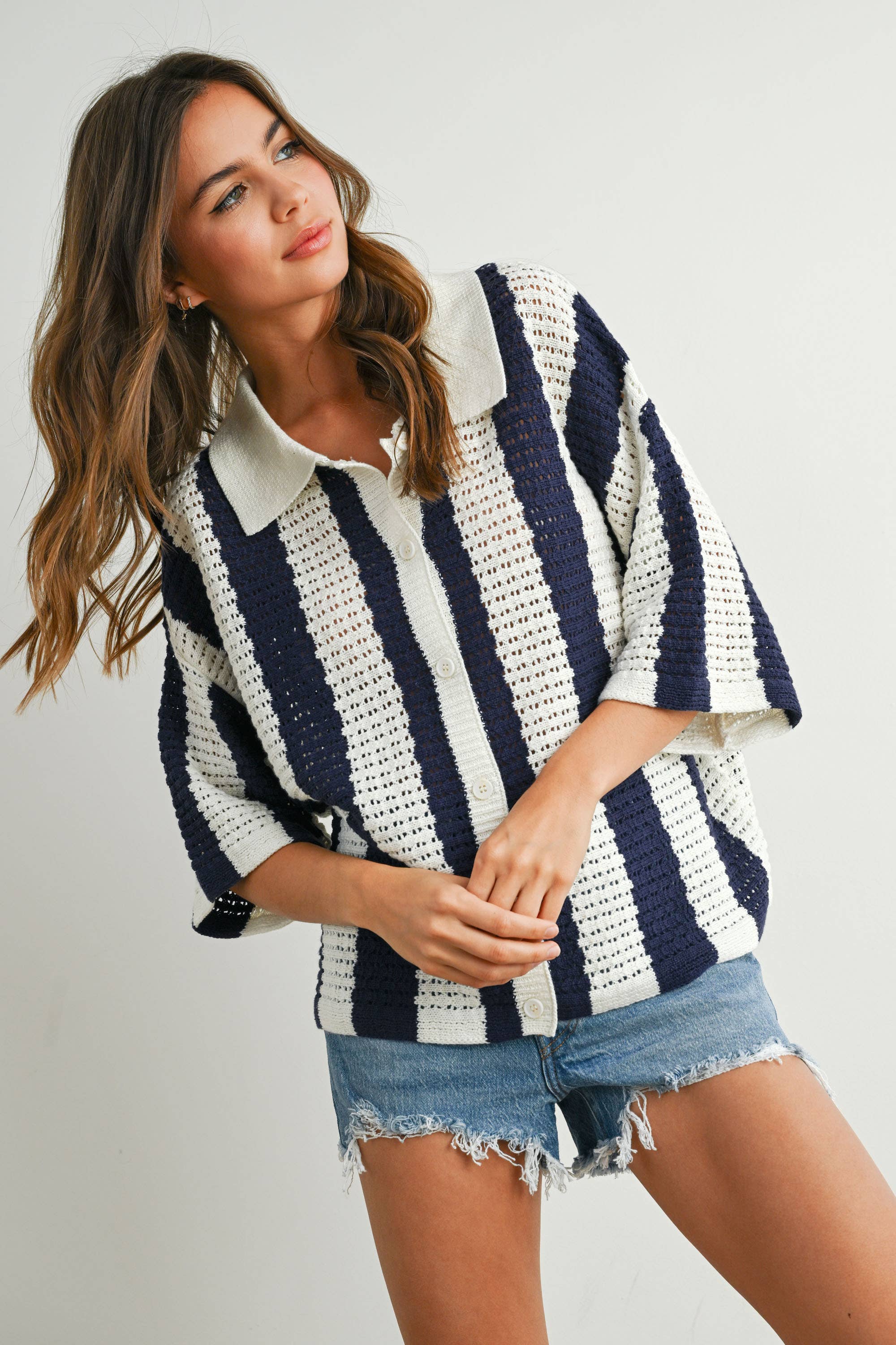 BUTTERMELON - Venta al por mayor Jersey de punto - Mujer - Jersey de Punto a Rayas con Botones - BMW77425