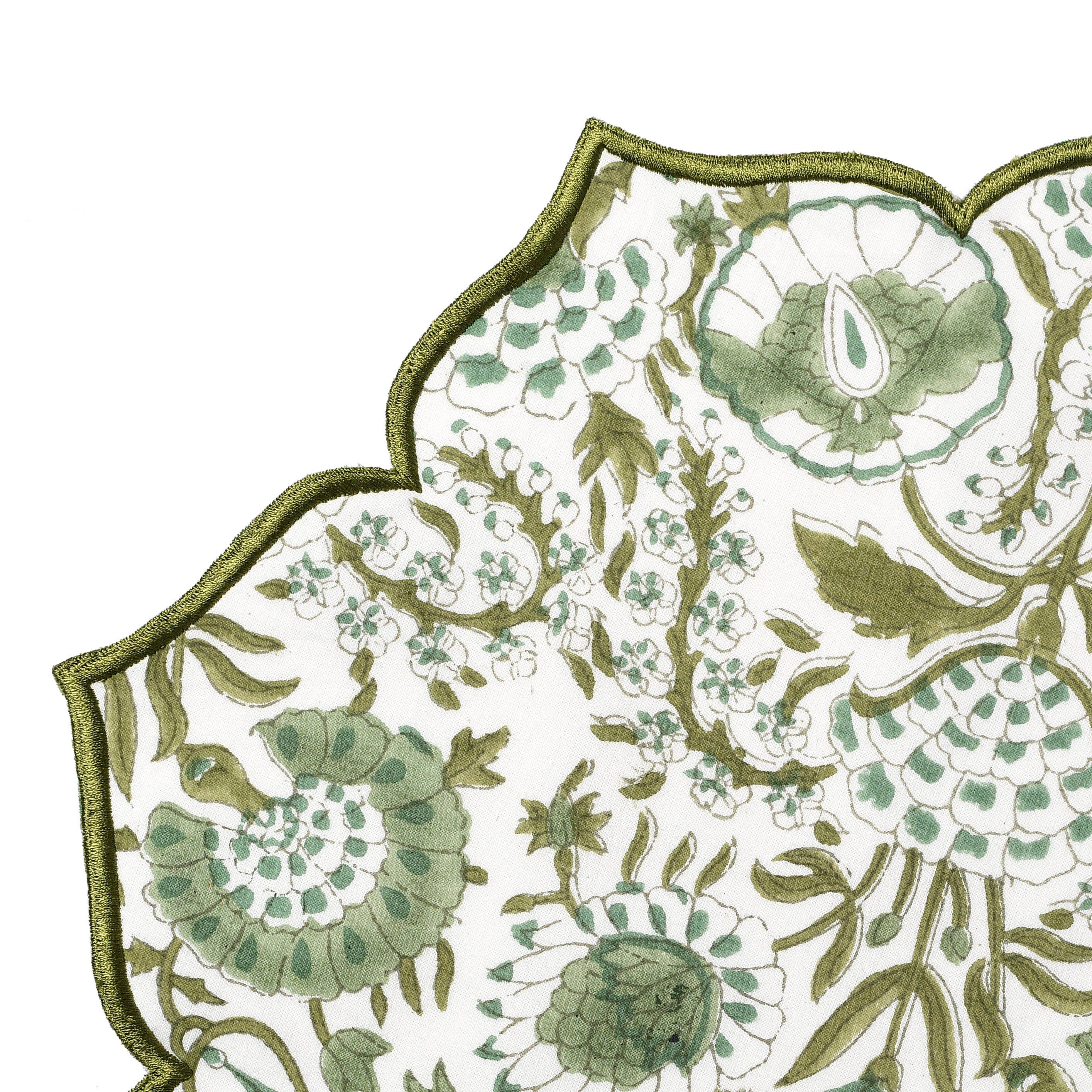 Cotton Print Club - Wholesale Placemat - Agate Green Block Printed Cotton Scalloped Flower Placemat 2