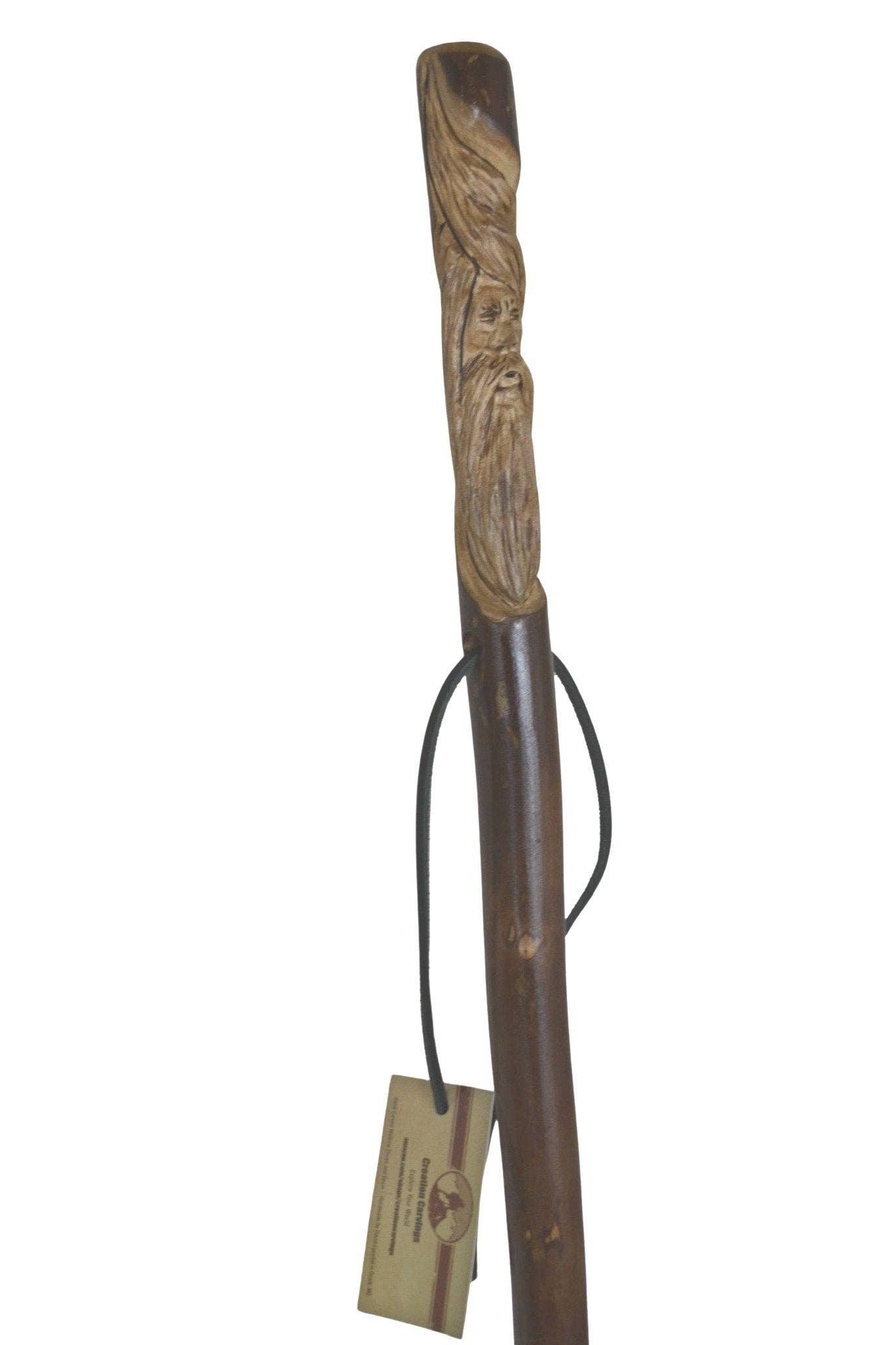 Creation Carvings LLC - Wholesale Fitness Equipment - Dark Wood Walking Stick + Hand Carved Wood Spirit + Made in the USA up to 60"2