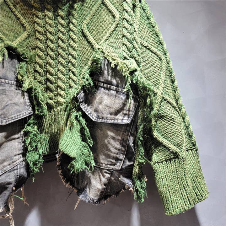 Sanyao Fashion - Wholesale Knit Sweater - Women's - M198 Denim Patchwork Knit Pullover – Distressed Slim Fit6