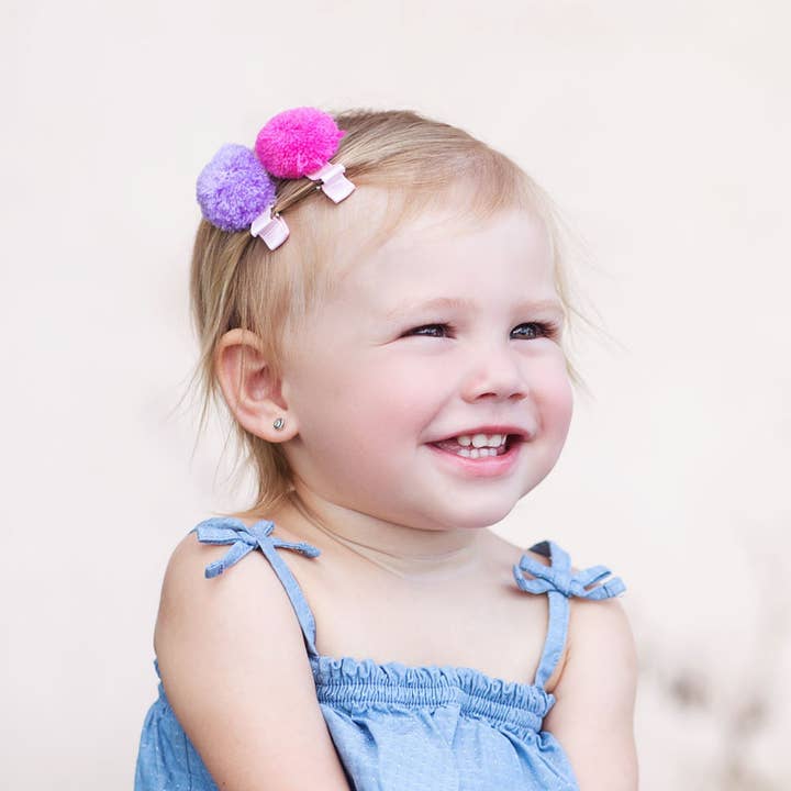 Peppercorn Kids - Wholesale Hair Clip - Kids - 2-pc Pompom Hair Clip Set of 2 - Purple/ Pink, Blue/ Pink Bl1