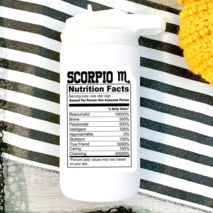 Scorpio Nutrition Facts Zodiac Sticker for wholesale by Ace the Pitmatian Co