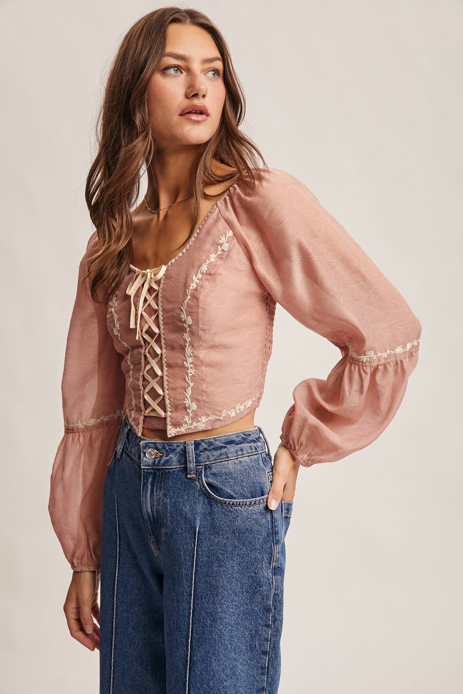 Forte - Wholesale Blouse - Women's - Lace-Up Embroidered Puff Sleeve Top FT0007 2