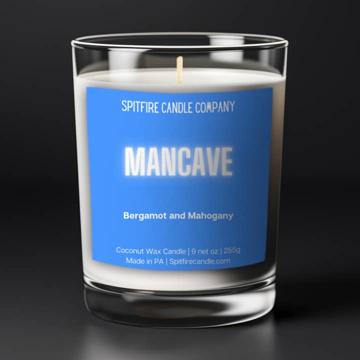 MANCAVE | 9oz Bergamot and Mahogany Coconut Wax Scented Candle for wholesale by Spitfire Candle Company