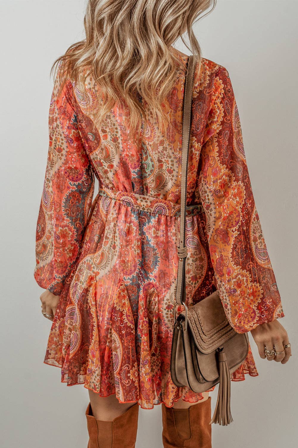 Orange Boho Paisley Print Long Sleeve Pleated Belted Mini Dress for wholesale on Faire1