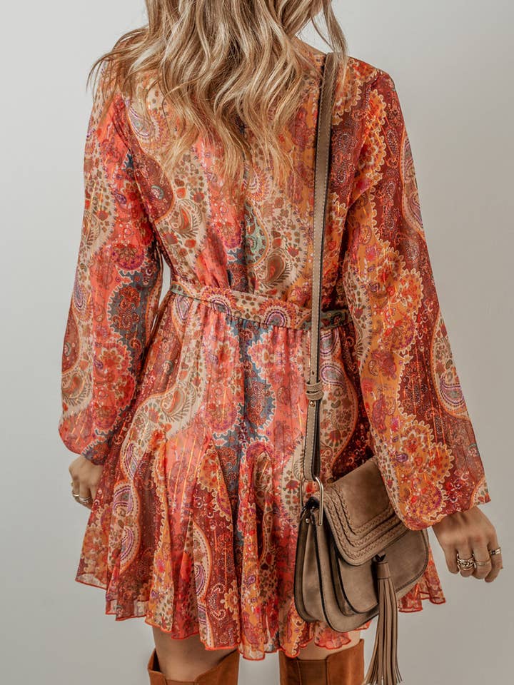 Orange Boho Paisley Print Long Sleeve Pleated Belted Mini Dress for wholesale on Faire1