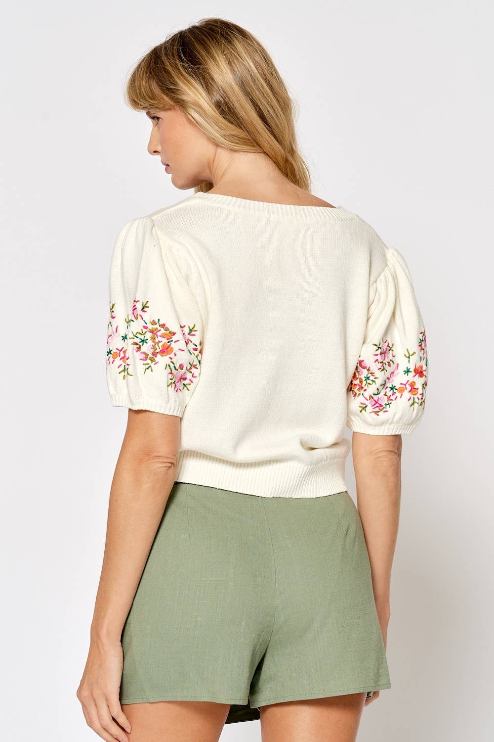 CREAM ILT5011 Floral Embroidered Short Puff Sleeve Sweater Top  for wholesale on Faire4