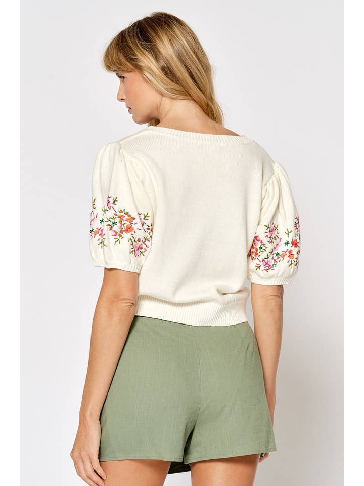 CREAM ILT5011 Floral Embroidered Short Puff Sleeve Sweater Top for wholesale on Faire4