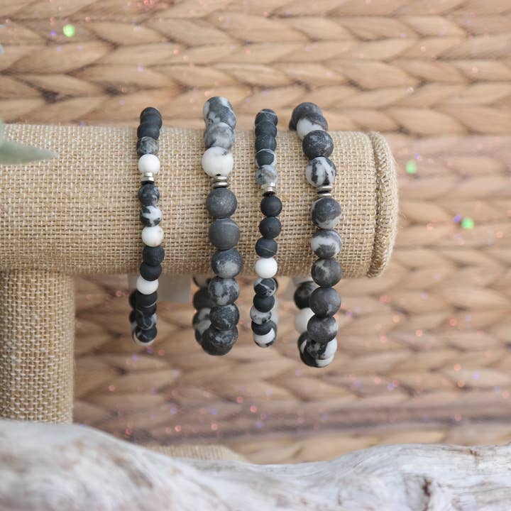 Pulseira Zebra Jasper Healing Gemstone Black Pack de 1, 3, 6 por atacado de Love and Grace
