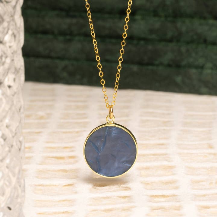 Blue Opal Gemstone Disc Pendant Gold Necklace for wholesale by Soul & Little Rose