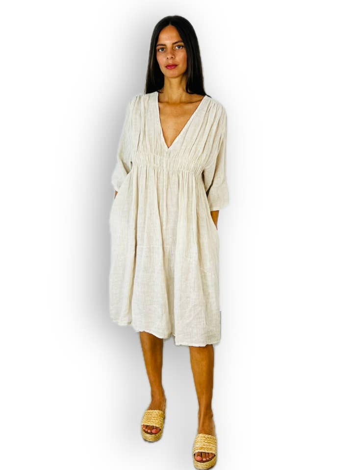 Linos y Textiles - Wholesale Dress - Women's - REF 25731 100% LINEN ELASTIC WAIST DRESS