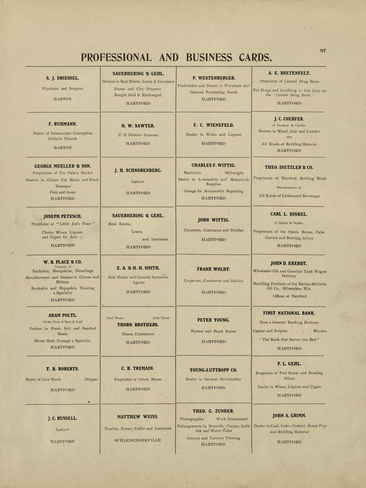 Professional and Buisness Cards from Plat Book of Washington and Ozaukee Counties, Wisconsin 1915 for wholesale by Relic Map Co.