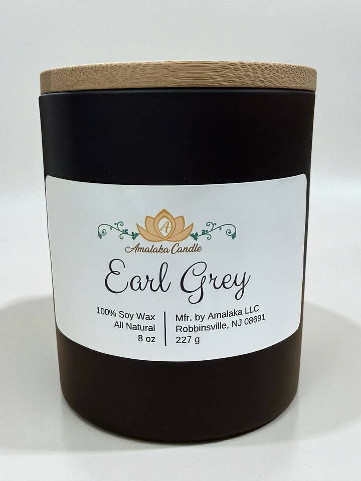 Earl Grey 8 oz. candle made with 100% soy wax for wholesale by Amalaka Elegance Inc.