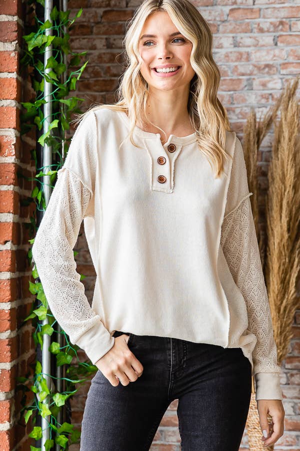 7th Ray - Vente Haut en maille – femme - Haut à manches longues en mélange de coton avec contraste en dentelle et boutons devant T525323