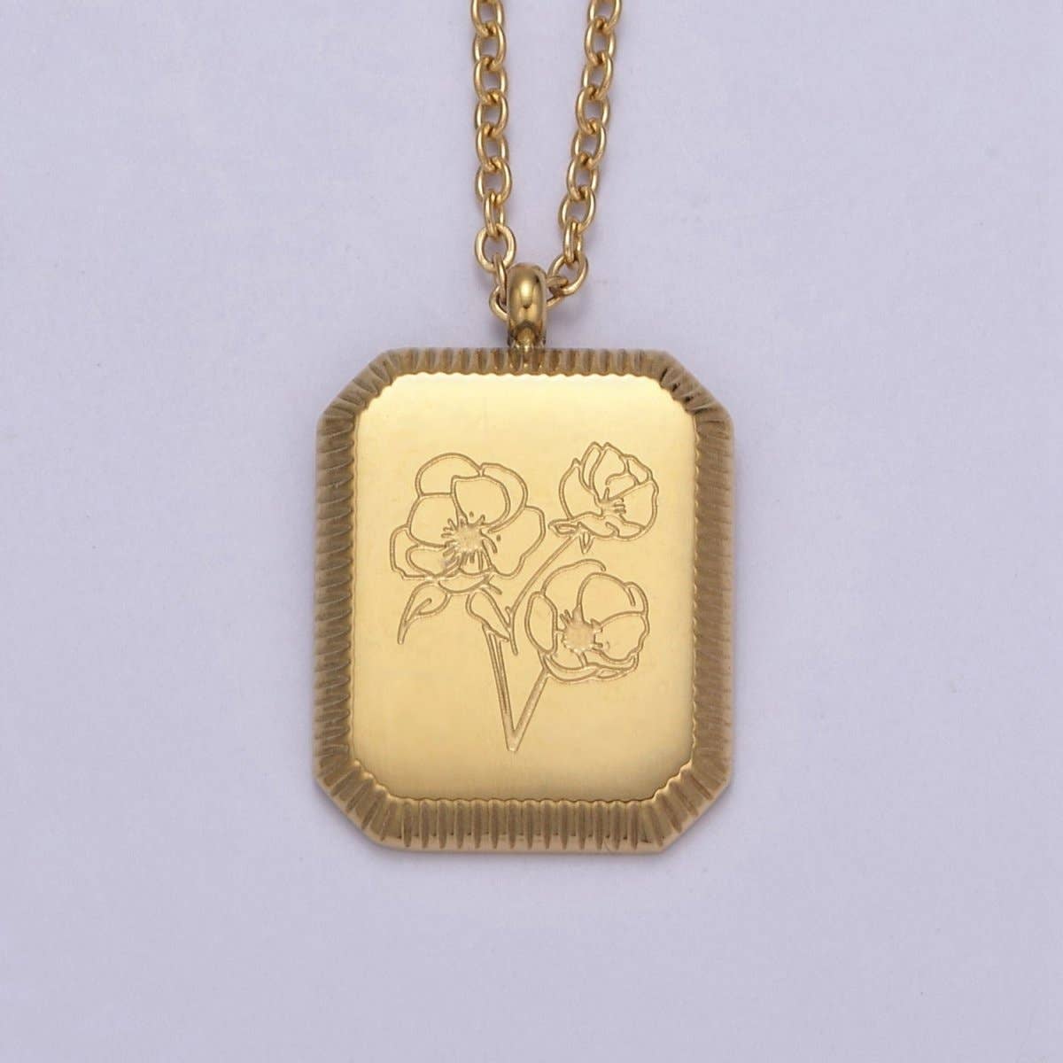 Aim Eternal - Wholesale Pendant/Charm Necklace - Gold Flower Tag Charm Engraved Floral Pendant Necklace with Cable Chain Necklace Wholesale Fashion Jewelry | WA-649 to WA-660 Clearance Pricing1