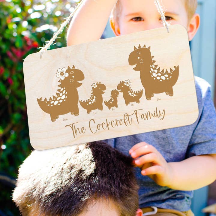 Dinosaur personalised family wooden sign for wholesale by Birch and tides