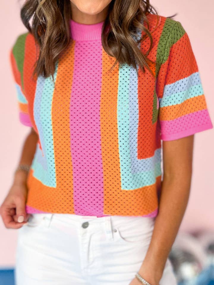 Maglietta casual a maglia con occhielli a blocchi di colore arancione per la vendita all'ingrosso da parte di EG fashion