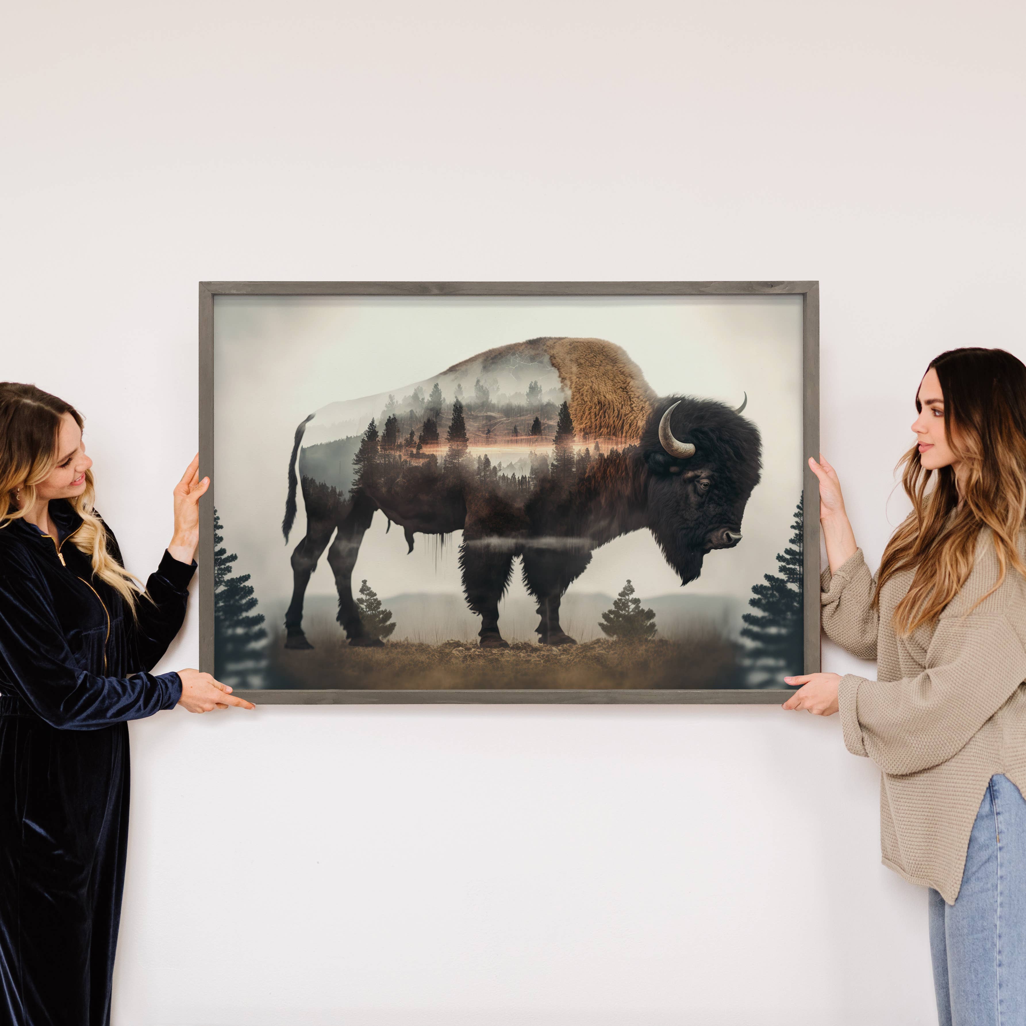 Hangout Home - Wholesale Art Print - Bison Trees Double Exposure -Wood Framed Wildlife Canvas Art3