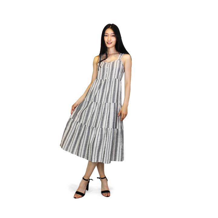 PD12617 CREAM Natural Geo Striped Tiered Midi Dress for wholesale by Papillon