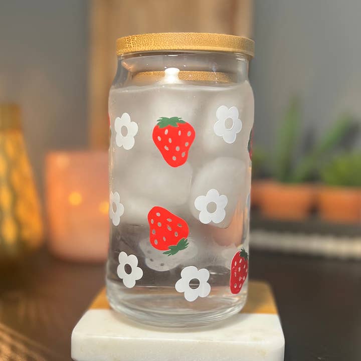 Color-Changing Strawberry and Flower Pattern Glass Cup for wholesale by KDC Craft Shop