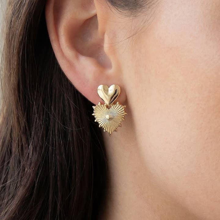 Double Metallic Heart Stud Dangle Earrings for wholesale by Anarchy Street