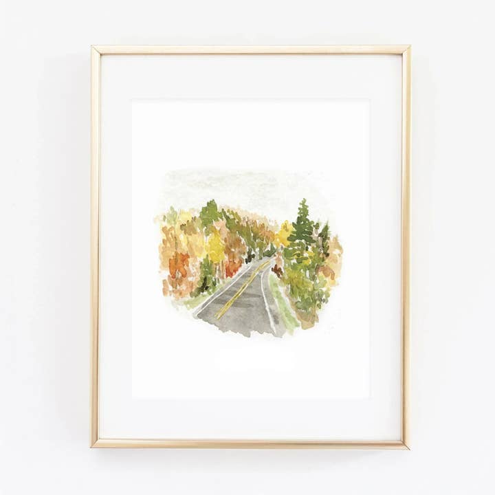 autumn road landscape watercolor wall art print for wholesale by emily lex studio
