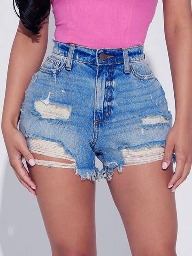 Blue Ripped Distress Denim Shorts XXL025 for wholesale by UNISHE