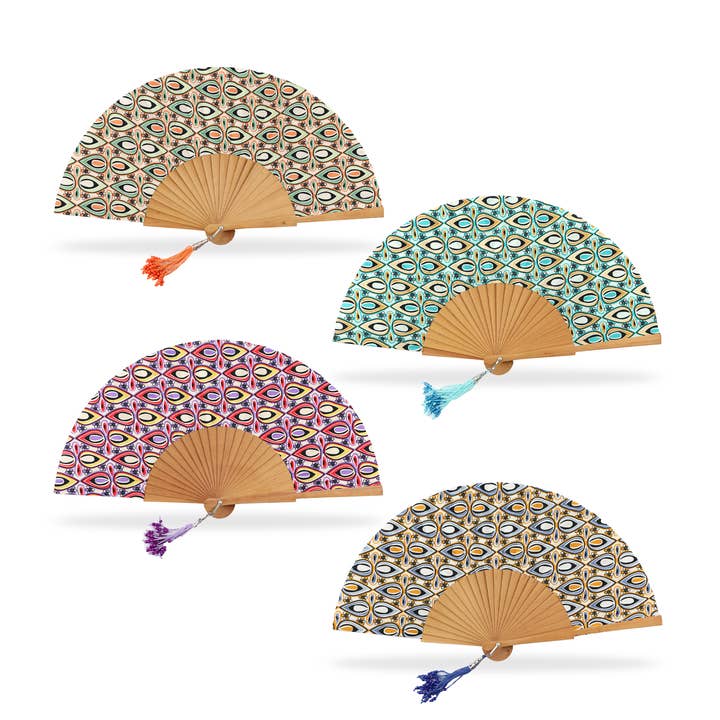 Cuatrogotas – wholesale Party/paper folding fan – Polished wood fan with retro fabric.
Ref-A577
