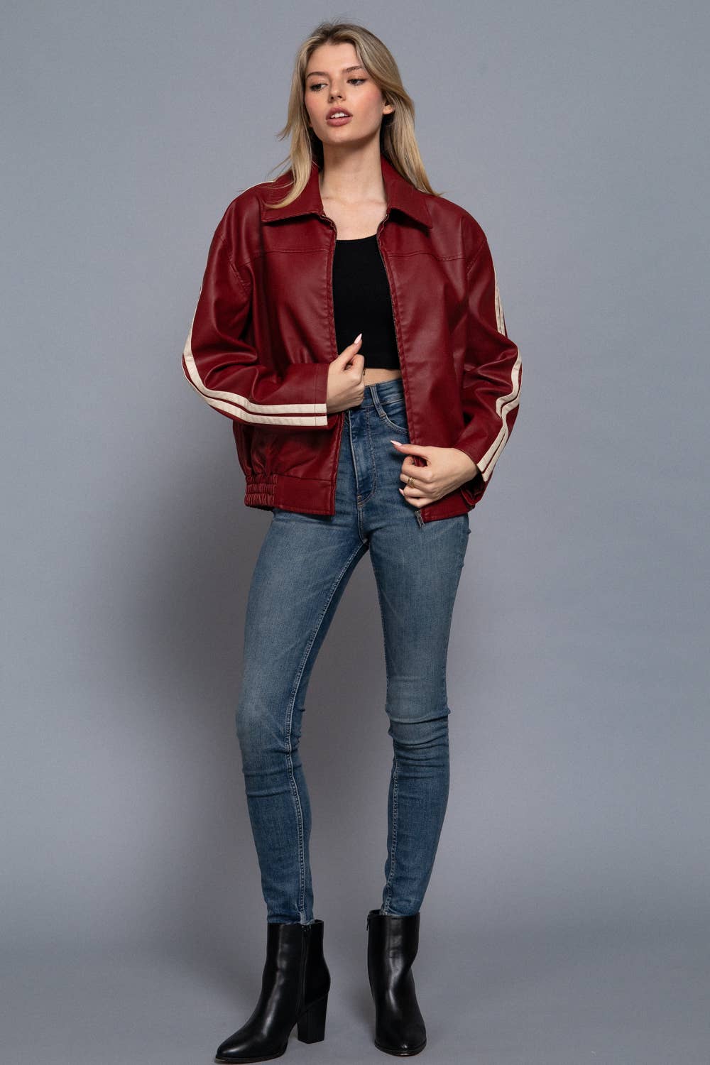 Active Basic | Active USA - Wholesale Leather Jacket - Women's - Long Sleeve Line Detail Faux Leather Jacket8