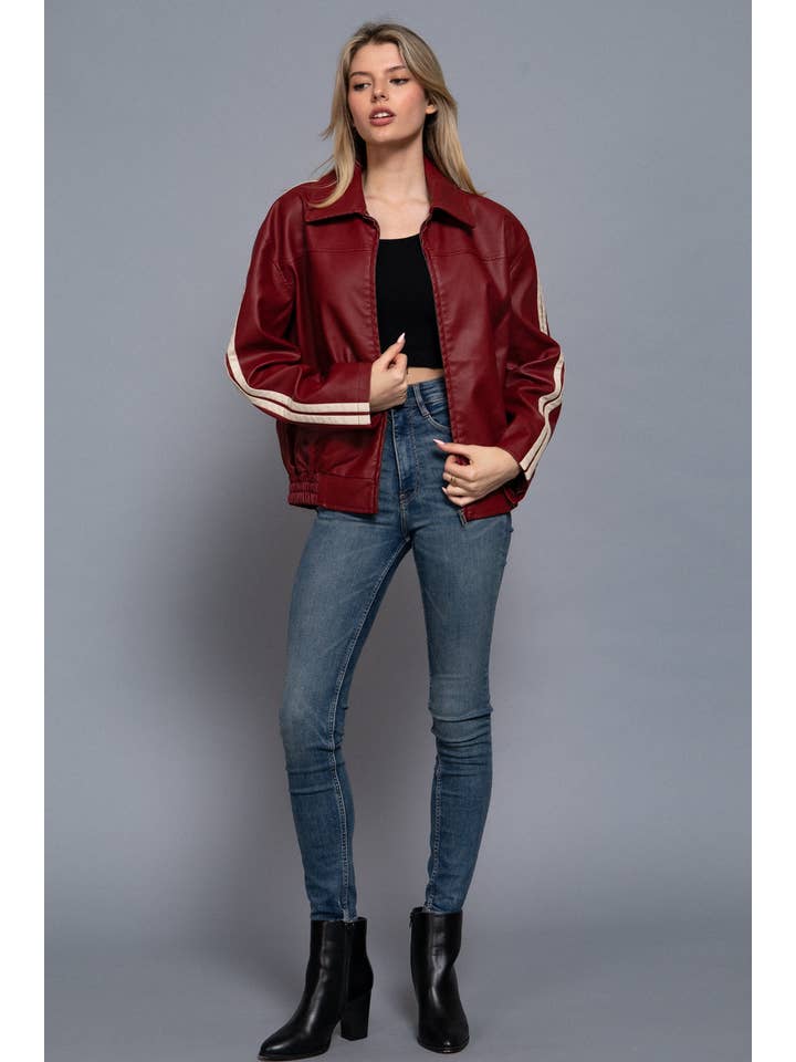 Active Basic | Active USA - Wholesale Leather Jacket - Women's - Long Sleeve Line Detail Faux Leather Jacket8