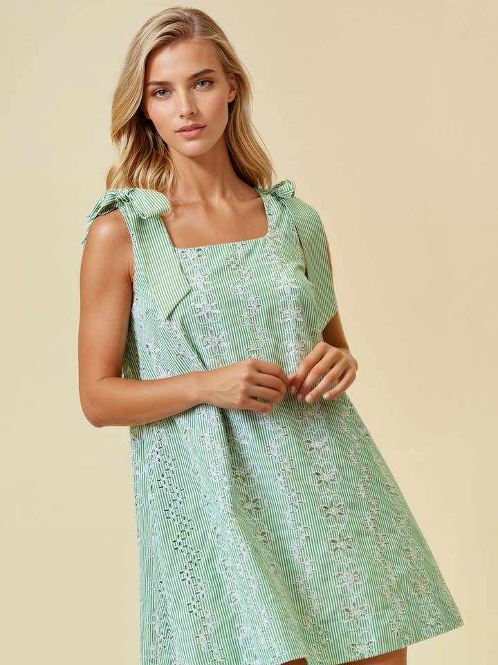 STRIPED EYELET TIE SHOULDER MINI DRESS - 28285D for wholesale by Doe and Rae