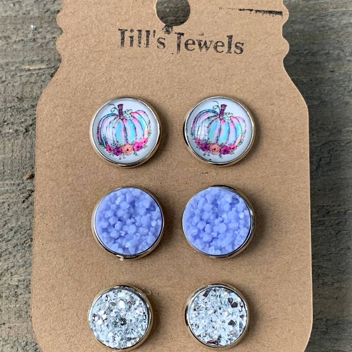 Purple fall pumpkin triple Faux Druzy 3 Earring Set for wholesale by Jill's Jewels
