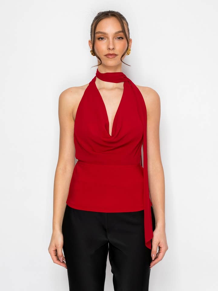 Draped Halter Open-Back Solid Mesh Top for wholesale by Nabae Clothing