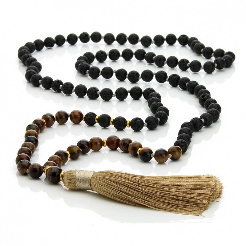 UniArt – Colar de contas de oração por atacado – Japa Mala de Olho de Tigre ou Amazonita com Pedra Vulcânica0