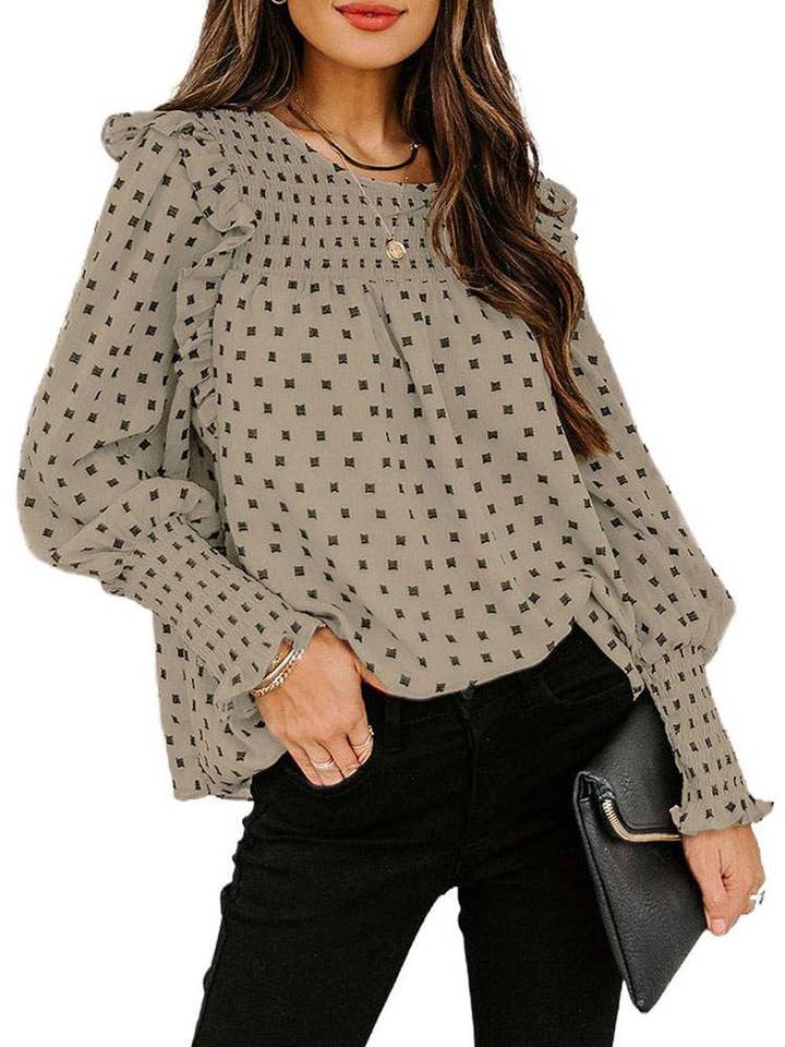 casual polka dot pleated long sleeves t shirt for wholesale by Fashion Combination