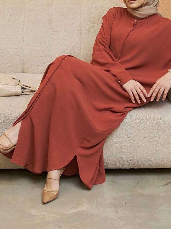 StyleGalX – Vestido - Mulher por atacado – Vestido muçulmano maxi de manga morcego larga com botões, decote redondo e fendas laterais, cores sólidas11