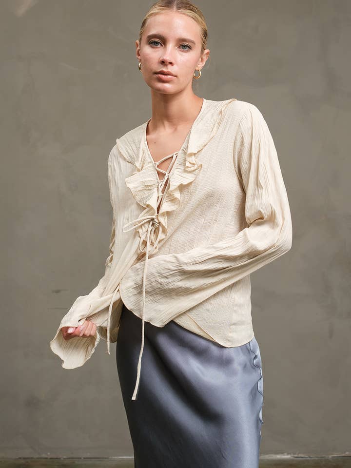 Crinkled Ruffle Lace-Up Blouse - RT1164 for wholesale by RAISONNEL
