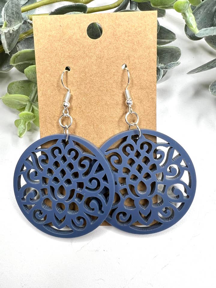Navy Intricate Circle Acrylic Earrings for wholesale by Lindsey Lane Wholesale