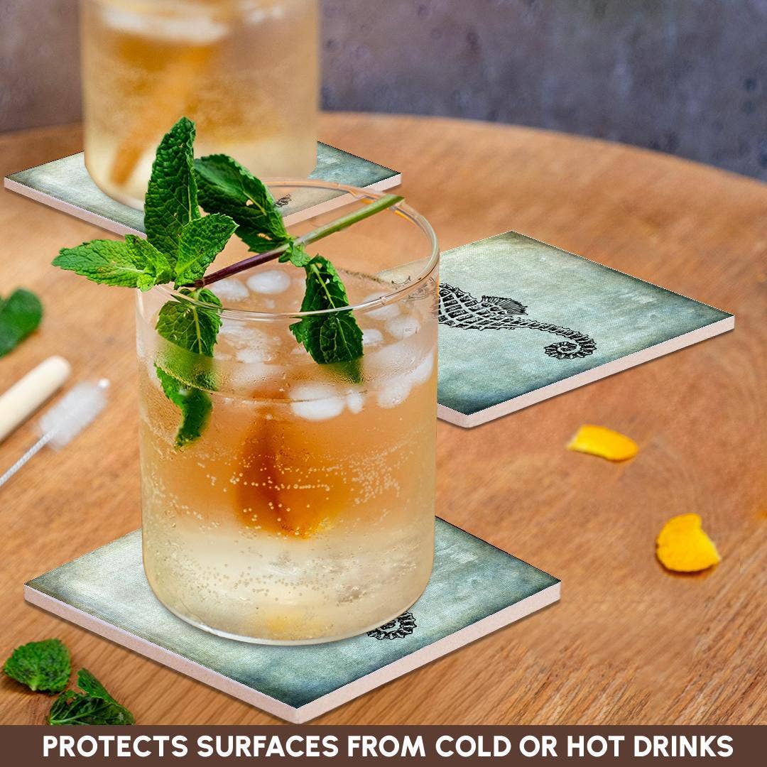 3dRose – Großhandel Untersetzer – 3dRose, Vintage Seepferdchen Zeichnung auf blauem Hintergrund, Untersetzer2